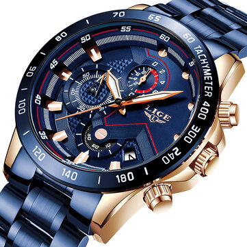 LIGE 9982 Waterproof Multifunction Men Wrist Watch Luminous Display Quartz  Watch