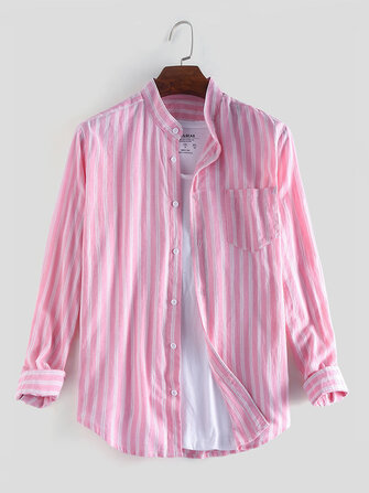 Men cotton stripe plain color stand collar long sleeve shirts Sale ...